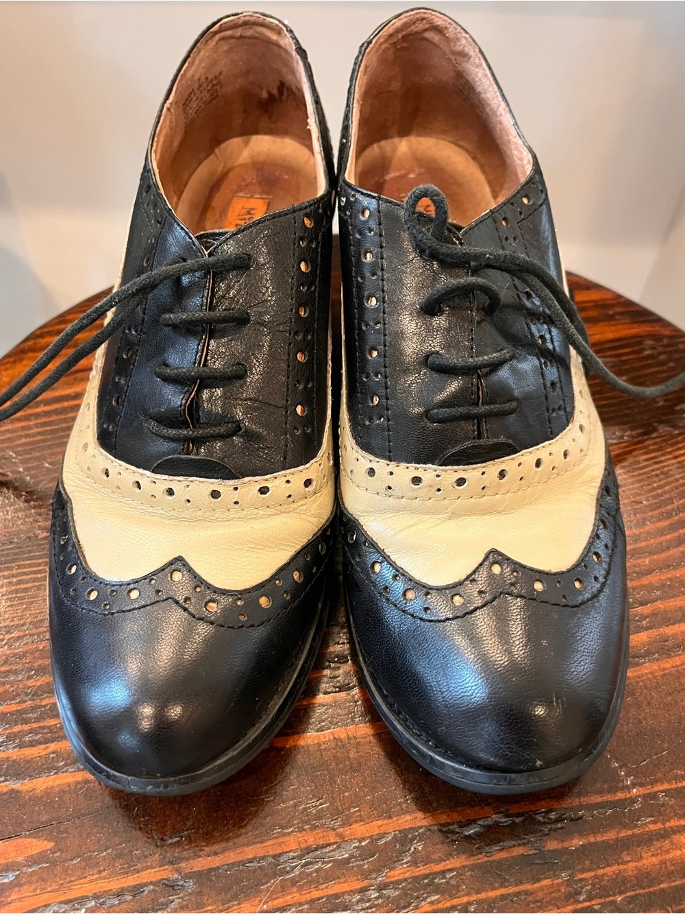 Miz Mooz Black and Cream Wingtip Heels